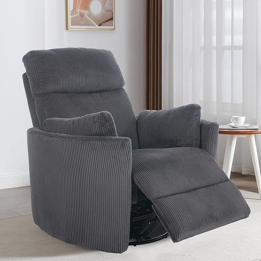 Power Swivel Glider Rocking Recliner Nursery Chair, Corduroy Rocker Recliner with USB, 2 Pillows, Barrel Armchair Single Sofa for Living Room Bedroom, Dark Grey