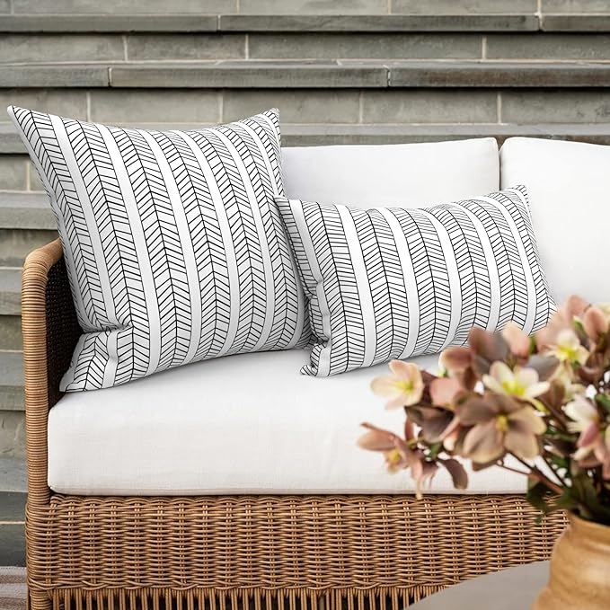 Outdoor/Indoor Throw Pillow Covers Set of 2, All Weather Square Pillow Cases 16x16 Inch, Patio Cushion Pillow of Home Furniture Use, HerringboneWhite