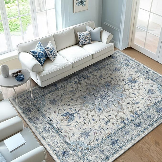 Area Rugs 5'x8' Washable Non-Slip, Floral Vintage Distress Print Pattern Medallion Carpet for Living Room Bedroom Dining Room, Light Blue Navy Beige Gray White
