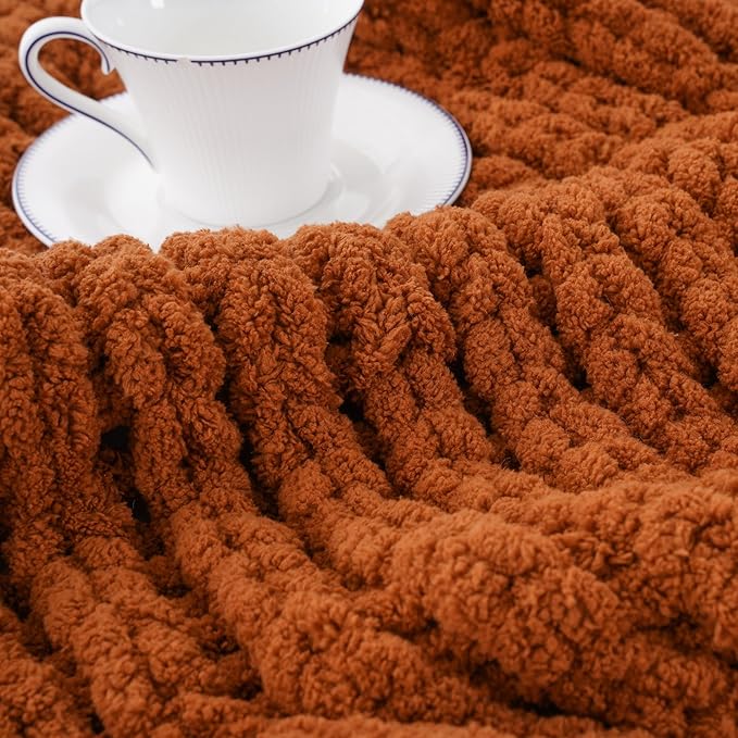 Battilo Chunky Knit Throw Blanket, Soft and Thick Chenille Throw Blanket, 50"x60" Handmade Cable Knit Crochet Blanket, Large Rope Knot Throw Blankets for Couch Sofa Bed Home Decor, Caramel