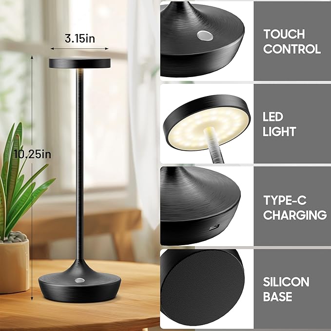 Cordless Table Lamp, Rechargeable Battery Operated LED Desk Lamp, 3-Color Stepless Dimming, Portable & Waterproof, for Restaurants, Bedrooms, Bars, Outdoor Parties, Camping, and Cafes (Black)