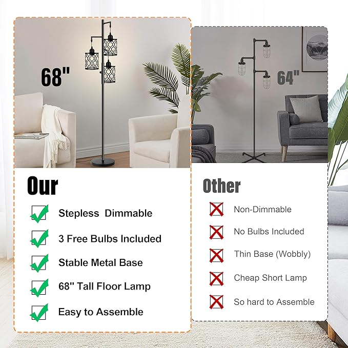 Dimmable Farmhouse Floor Lamp, Industrial Floor Lamp for Living Room with 3 X 6W LED Bulbs, 3 Light Rustic Standing Tall Lamp for Bedroom, Office, 68"