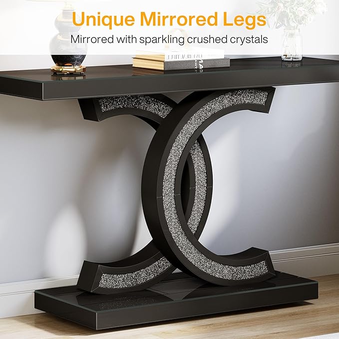 39-inch Mirrored Console Table, Modern Black Entryway Table with Sparkling Crystal Inlays, Glass Sofa Table with Mirror Finish for Entrance, Living Room