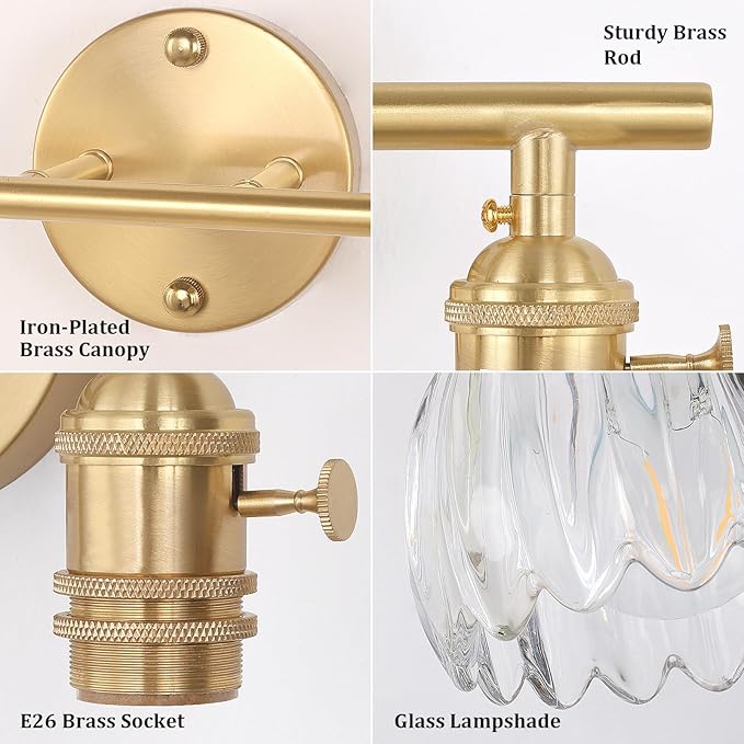 Battery Operated Bathroom Light Fixtures, 2-Light Brass Vanity Wall Light with 5000mAh Rechargeable Bulb Over Mirror with Clear Tulip Glass Shade for Bedroom Living Room