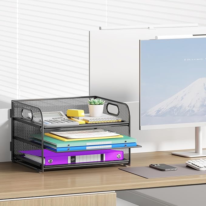 3 Tier Paper Organizer with Handle, Metal Desk Organizer Mesh Paper Letter Tray Desktop File Folder Document Sorter for Classroom, School, Office Accessories Organization and Storage - Black