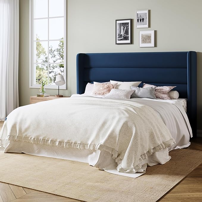 Allewie Queen Size Platform Bed Frame with Velvet Upholstered Wingback Headboard, No Box Spring Needed, Under Bed Storage Space, Wooden Slats, Modern Mattress Foundation, Easy Assembly, Blue