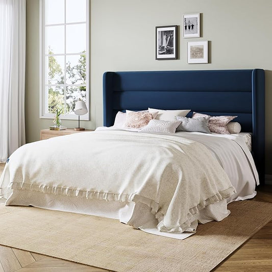 Allewie Queen Size Platform Bed Frame with Velvet Upholstered Wingback Headboard, No Box Spring Needed, Under Bed Storage Space, Wooden Slats, Modern Mattress Foundation, Easy Assembly, Blue