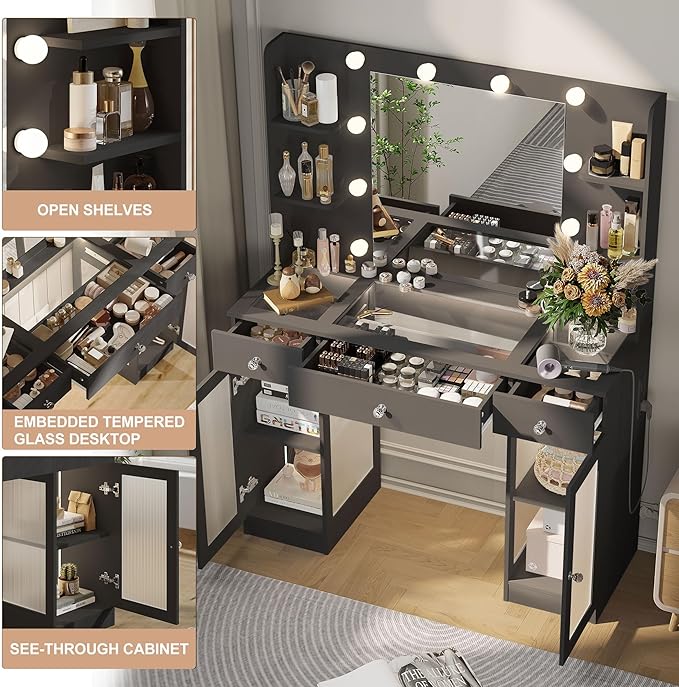 Makeup Vanity with Glass Top, Black Vanity Desk with Mirror and Lights, Big Vanity with Drawers & Cabinets for Bedroom, Cute Vanity with Crystal Knobs & Power Outlet for Women, Girls