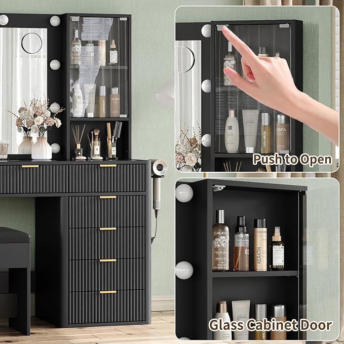 7 Drawers Fluted Vanity Desk with Charging Station, 47'' W Makeup Vanity with LED Lights and HD Mirror, 3 Lighting Modes Adjustable, Glass Top, Vanity Set for Bedroom, Black