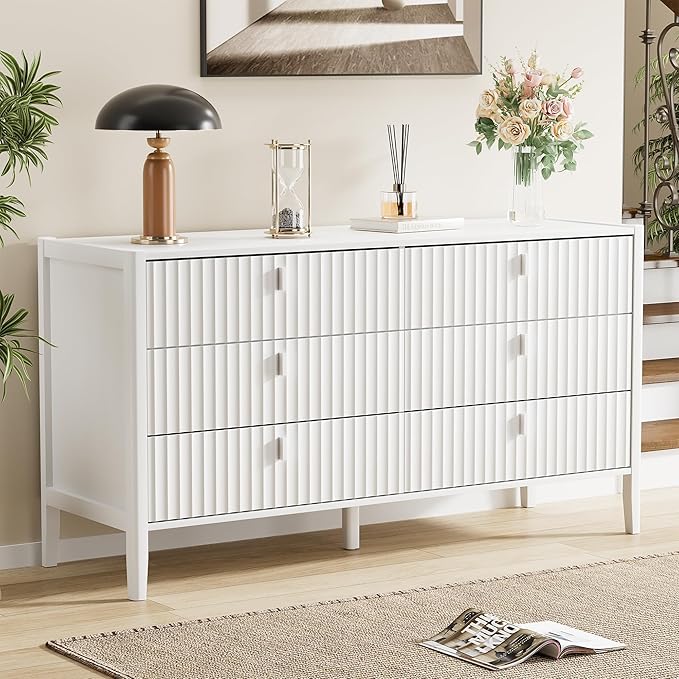 White 6 Drawer Dresser, 55" Wide White Modern Dresser with Fluted Front & Metal Handles for Bedroom or Living Room TV Stand