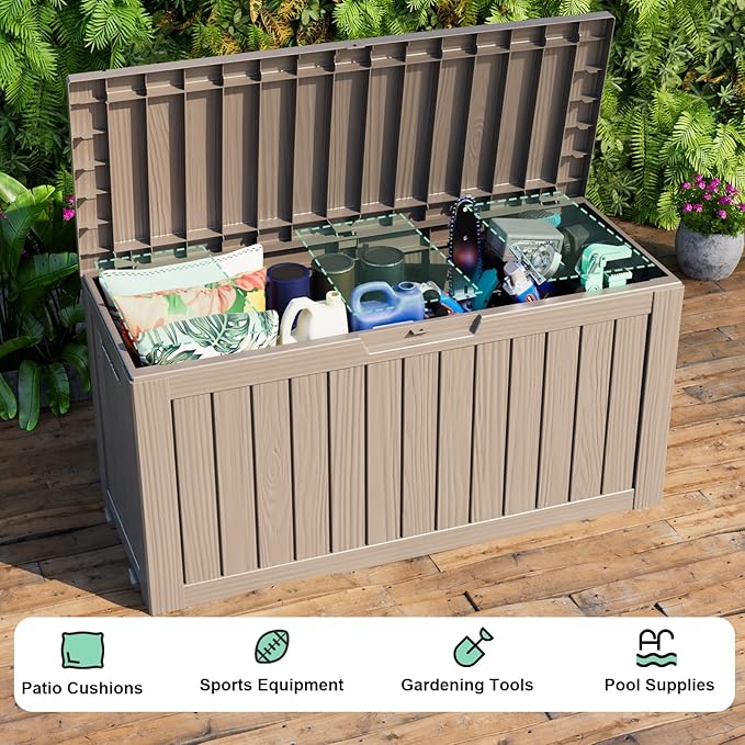 Vixzen 75 Gallon Resin Deck Box with wheels,Lockable Outdoor Storage Box for Patio Cushions Storage Furniture,Garden Tools,Weatherproof and UV Resistant- Grey