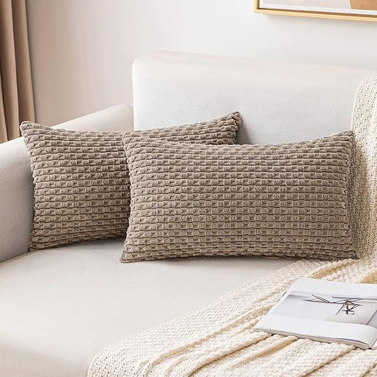 MIULEE Throw Pillow Covers Soft Corduroy Decorative Set of 2 Boho Striped Pillow Covers Pillowcases Farmhouse Home Decor for Couch Bed Sofa Living Room 12x20 Inch Light Brown