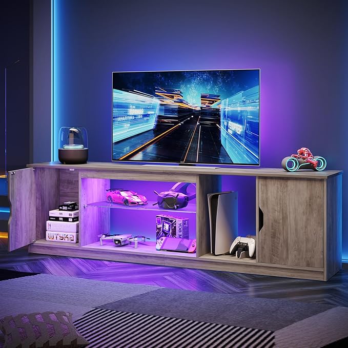 Bestier LED TV Stand for TVs up to 80 Inches, 70 Inch Entertainment Center with Adjustable Glass Shelves & Storage Cabinet for PS5 Xbox, Modern Media Console for Living Room & Bedroom, Washed Gray