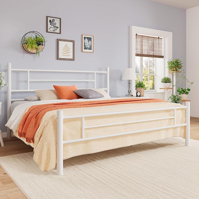 Allewie 14 Inch King Size Metal Platform Bed Frame with Headboard and Footboard, Underbed Storage, Strong Metal Slats Support, Mattress Foundation, No Box Spring Needed, Easy Assembly, White