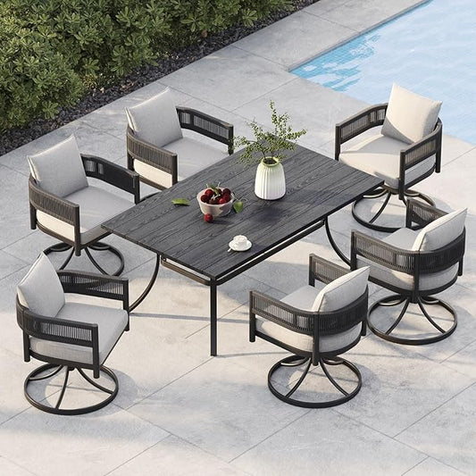 Grand patio Outdoor Dining Set, 7-Piece Patio Table and Chairs Set, Metal Woven Wicker Swivel Patio Chairs with Thickened Cushions & 1 Rectangular Woodgrain Dining Table with Umbrella Hole (Black)