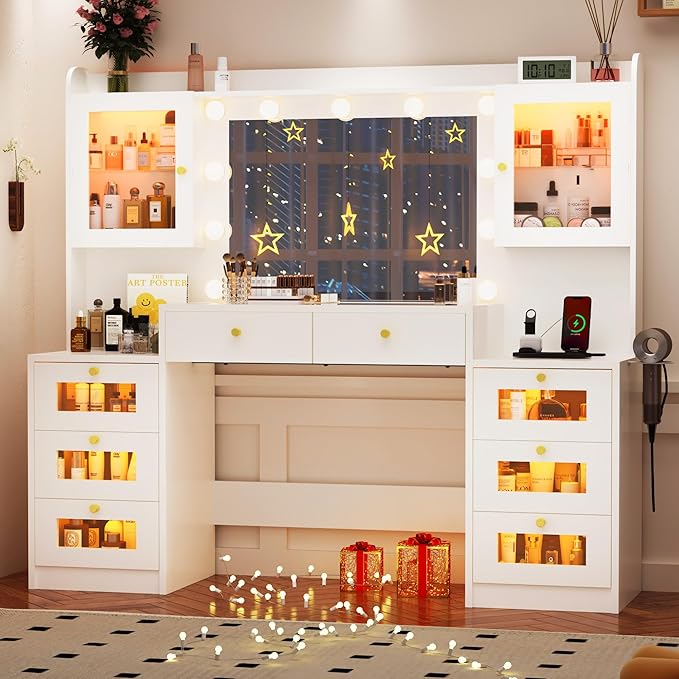 62" Large Makeup Vanity Desk with Mirror and Lights, Glass Top Vanity Table with Power Outlet & Lighted Glass Cabinet, 8 Drawers, Dressing Table with 3 Colors Lights for Bedroom Dressing Room, White
