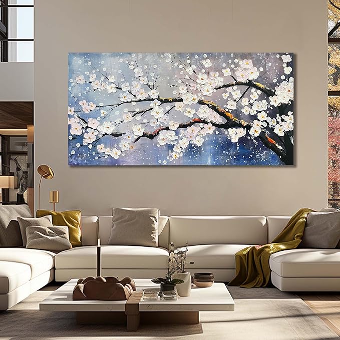 White Flowers Hand Painted Wall Art For Bedroom Blue Modern Wall Decor For Office Extra Large Wall Art For Living Room Size 36 x 72 Inch