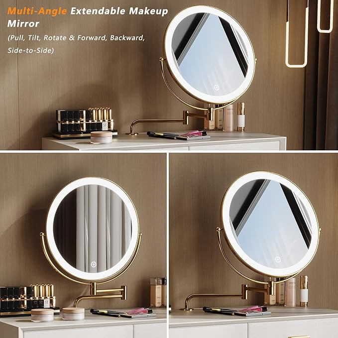 Vanity Desk with Adjustable Mirror and Lights, Makeup Desk with Drawers and Chair, Dressing Table Set with Leather Surface, Small Vanity Table for Bedroom, 3 Lighting Modes (Beige)