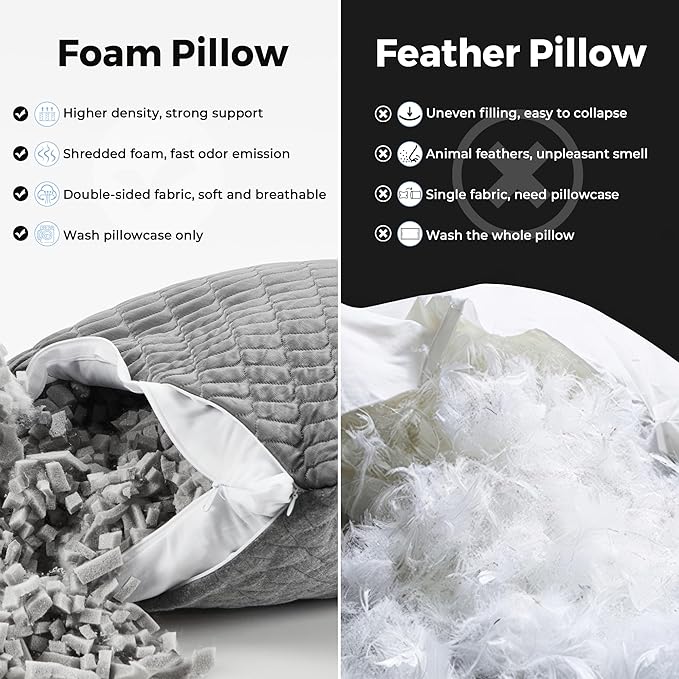 puredown Pillows Standard Size Set of 2, Shredded Memory Foam Pillows, Cooling Pillow for Sleeping, Bed Pillows Standard Size with Adjustable Foam for Side, Back and Stomach Sleepers, Grey