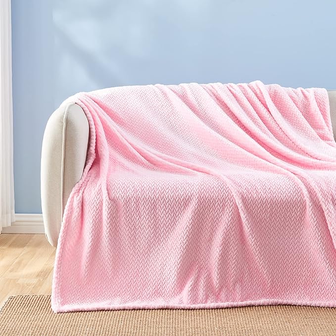 NEWCOSPLAY Super Soft Queen Blanket Pink Premium Silky Flannel Fleece Leaves Pattern Lightweight Bed Blanket All Season Use (Pink, Queen(90"x90"))