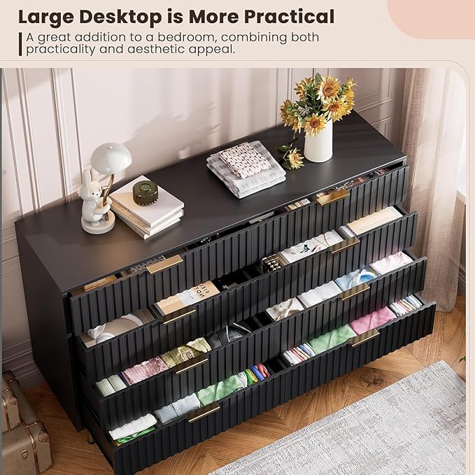 8 Drawer Dresser for Bedroom, Fluted 55" Wide Modern Chest of Drawers with Deep Drawers, Wooden Dresser Organizer for Living Room, Hallway, Kids Room, Black