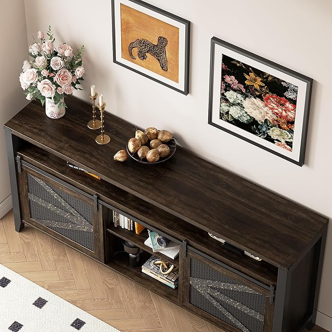 VFK 70 Inch TV Stand for TVs up to 70", Rustic Farmhouse Media Console with Sliding Barn Doors, 6 Drawers, Entertainment Center for Living Room