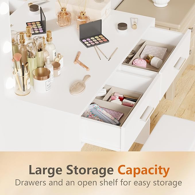 YESHOMY Vanity Desk with Mirror, Makeup Table with 11 Adjustable Lights and 2 Spacious Drawers, Soft-Padded Storage Stool, 3 Lighting Modes with Control, for Bedroom, Pure White
