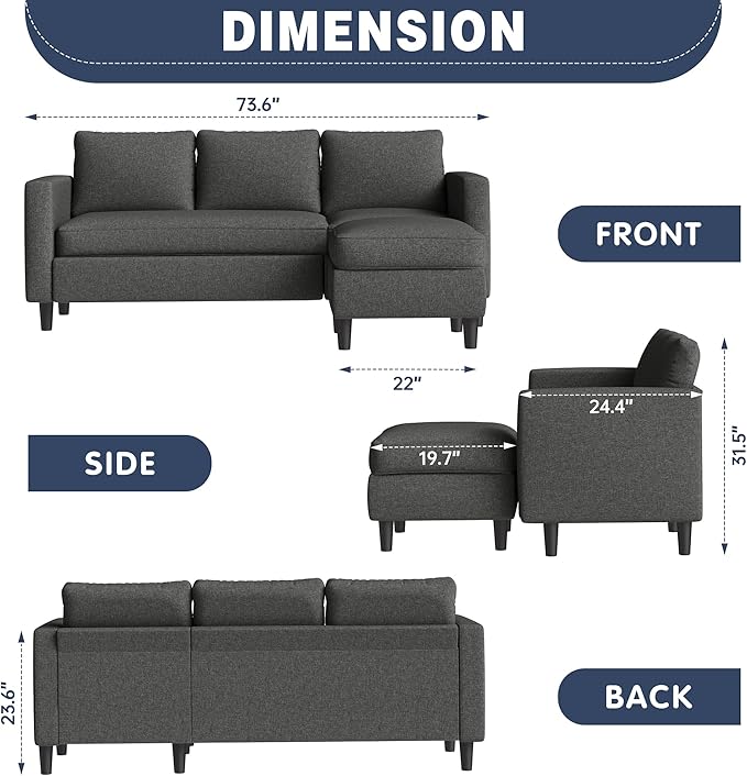 Shintenchi Small Sectional Couch Sofas, 3 Seat L Shape Sofa with Ottoman, Fabric Upholstered Convertible Sofa Couches, Small Couch for Apartments, Living Room and Office (Black)