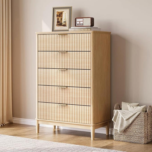 LINSY HOME Fluted Dresser for Bedroom with 5 Drawers, 46" Tall Chest of Drawers, Mid Century Modern Dresser with Metal Handle, Wood Closet Storage Cabinet for Living Room, Hallway, Oak