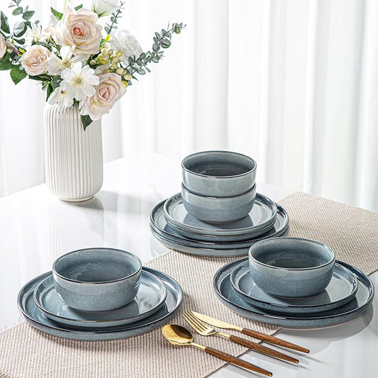 AmorArc Stoneware Dinnerware Sets for 8,Round Reactive Glaze Ceramic Plates and Bowls Set,Highly Scrath Resistant | Dishwasher & Microwave Safe Dishes Set,Service for 8 (24pc)