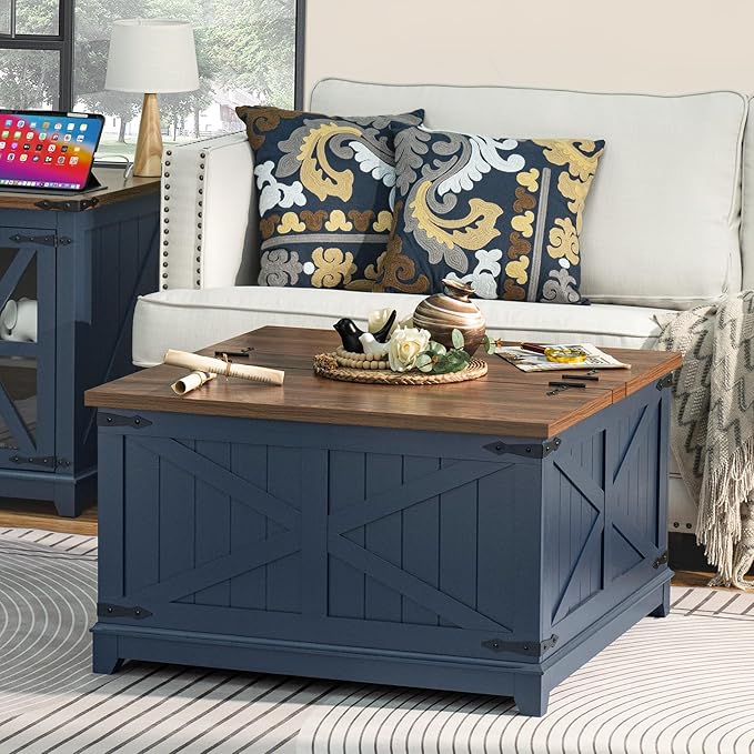 Farmhouse Coffee Table Sets 3 Pieces, Large End Side Tables with Charging Station and Coffee Table with Hidden Storage Compartment, Blue Living Room Table Set, Wood Furniture Sets for Home Office