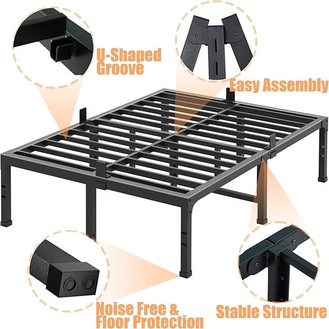 FUIOBYVV Full Bed Frames, 16 Inch Heavy Duty Metal Platform Bed Frame Full Size Support Up to 3500 lbs, No Box Spring Needed/No Shaking/Steel Slat Support/Noise Free/Easy Assembly