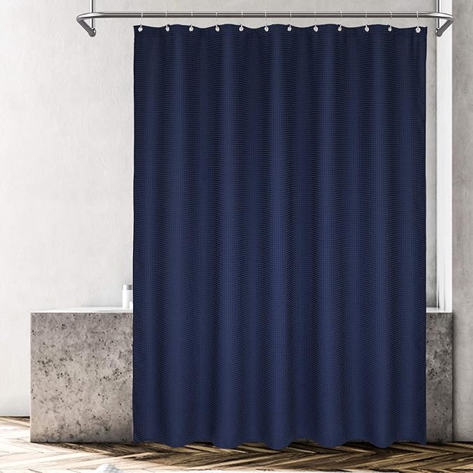 Barossa Design Waffle Weave Shower Curtain Hotel Luxury Spa, 230 GSM Heavy Duty Fabric, Water Repellent, Navy Blue, 71x72 Inch