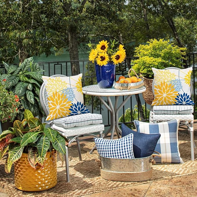 Yellow Blue Outdoor Pillow Cover 16X16 Inch Set of 2 Outdoor Waterproof Summer Floral Yellow Decorative Pillow case Decor for Couch Patio Funiture Garden Print Polyester Cushion Cover 01J16