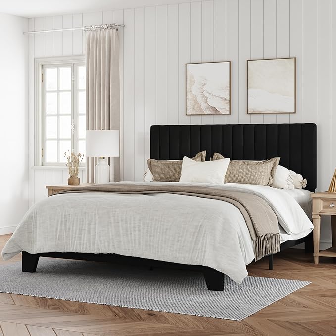 Queen Size Bed Frame, Velvet Upholstered Platform Bed with Adjustable Tufted Headboard, Sturdy Frame and Slats, Noiseless, No Box Spring Required, Easy to Assemble, Black