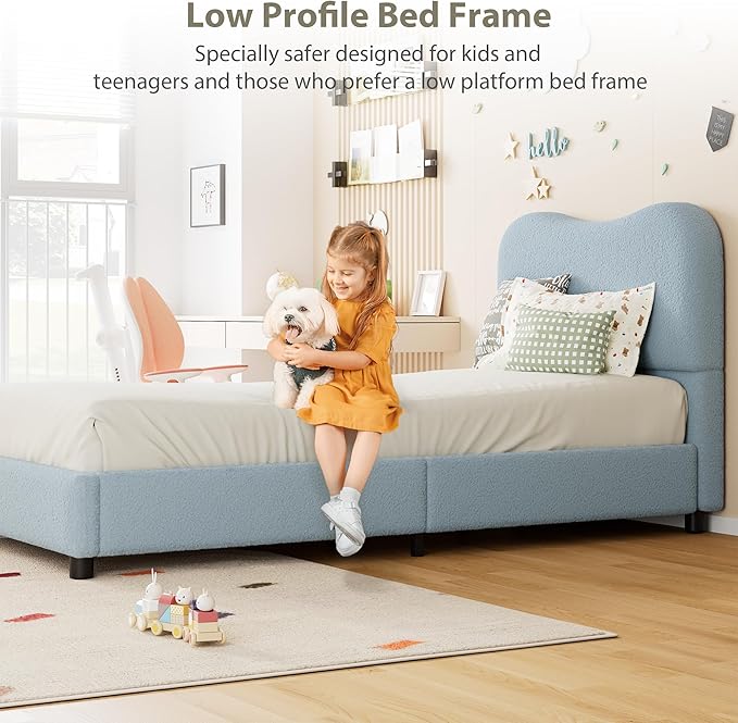Twin Bed Frame for Kids with Velvet Upholstered Headboard, Cute Low Profile Platform Bed for Girls and Boys, No Box Spring Needed, Strong Wooden Slats, Noise Free, Easy Assembly, Blue