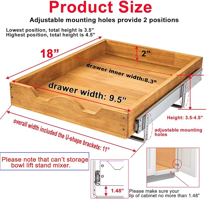 DINDON Pull Out Cabinet Organizer (11" W x 18" D) 1 Tier，Single Tier Oak Wood Under Cabinet Slide Out Shelf Drawer Box…