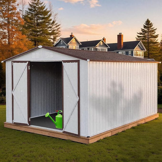 10 x 12 FT Outdoor Storage Shed, Metal Garden Tool Shed with Slooping Roof, Lockable Doors and Windows, Easy to Assemble for Garden, Patio, Lawn, White