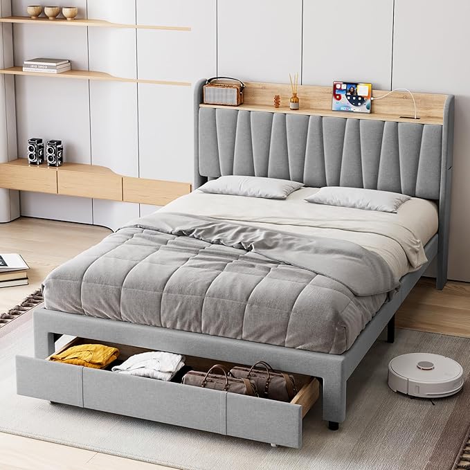 GarveeHome Upholstered Bed Frame with Storage Headboard and Charging Station, Platform Bed Frame with Drawers, Heavy Duty, No Box Spring Needed, Easy Assembly, Grey, Queen Size