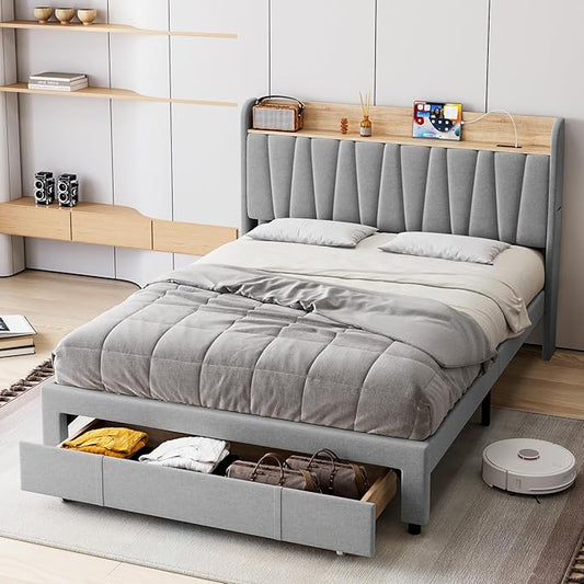 GarveeHome Upholstered Bed Frame with Storage Headboard and Charging Station, Platform Bed Frame with Drawers, Heavy Duty, No Box Spring Needed, Easy Assembly, Grey, Queen Size