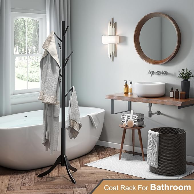 Coat Rack Freestanding, Coat Stands Entryway, Bamboo Coat Rack Hat Hanger 8 Hook for Jacket, Purse, Scarf Rack, Umbrella Tree Stand (Black)