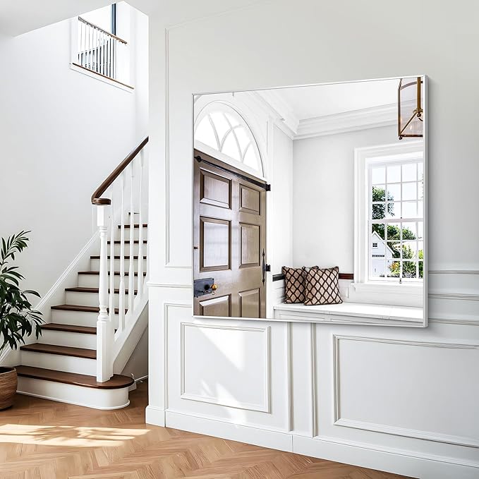 BONEWEI Silver Bathroom Mirror,48x48 inch Wall Mirror for Bathroom Wall Mounted,Large Rectangle Mirror for Bathroom Over Sink,Modern Metal Frame for Living Room,Bedroom Entryway,Horizontal/Vertical