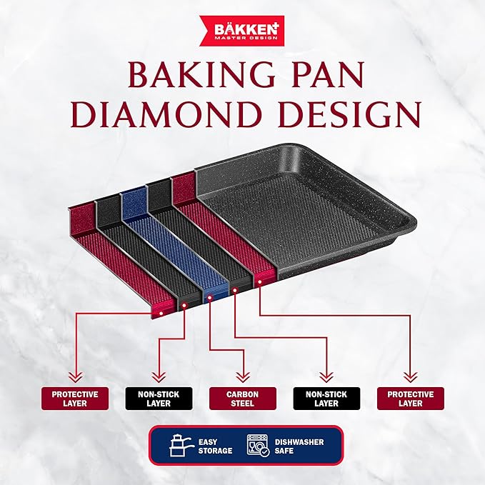 BAKKEN Kitchen Baking Pans - Small, Medium, and Large Cookie Pan (13.58×9.65, 15.75×11, 17.91×12.60), Nonstick, Diamond Texture Bottom, PFOA, PFOS, PTFE Free, Oven Safe (450°F), Pack of 3, Gray Marble