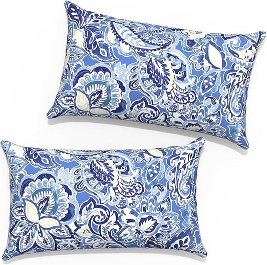 Outdoor Lumbar Pillow Covers 12”x20”, Rectangle Throw Pillow Covers for Patio Furniture, Decorative Lumbar Cushion Case for Garden Balcony Couch Office Chair, Pack of 2,Floral Bluish Violet