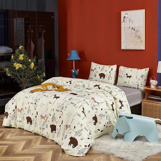 CLOTHKNOW Kids Comforter Set Twin/Twin XL 3Pcs Yellow Bear Bedding Comforter Sets Soft Animal Cartoon Comforter Fox Rabbit Beige Bedding with 2 x Pillow Cases