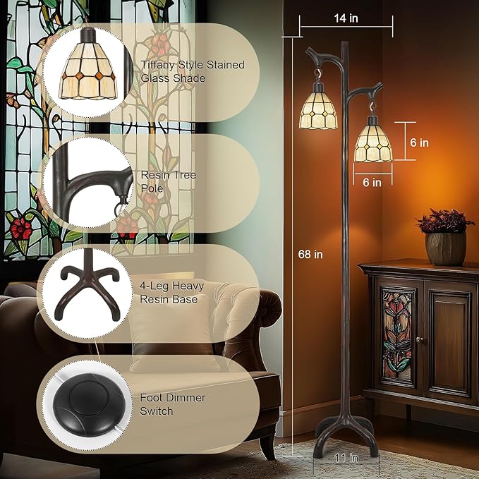 68" Tiffany Style Stained Glass Floor Lamp for Living Room,Modern Industrial Vintage Standing Floor Lamp for Bedroom,Stepless Dimmable Rustic Tree Trunk Tall Lamp for Study Room (Bulb Included)