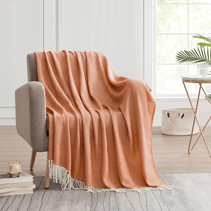 BOURINA Decorative Herringbone Faux Cashmere Fringe Throw Blanket Lightweight Soft Cozy for Bed or Sofa Farmhouse Outdoor Throw Blankets, 50" x 60" Orange