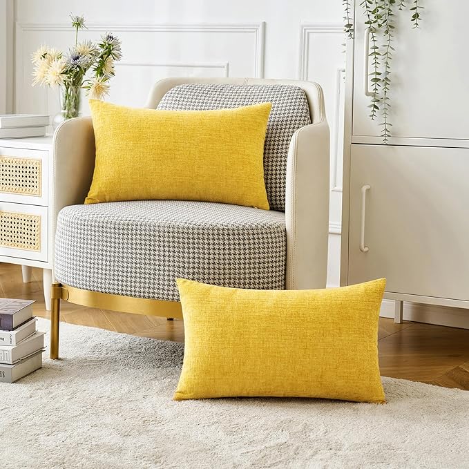 MIULEE Pack of 2 Couch Throw Pillow Covers 12x20 Inch Soft Yellow Chenille Pillow Covers for Sofa Living Room Solid Dyed Pillow Cases