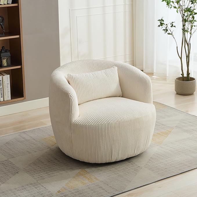 Aoiy & Wifon 34.25" W Swivel Barrel Chair, Upholstered Round Small Accent Chair, Single Comfy Barrel Chair for Living Room, Corduroy, Ivory