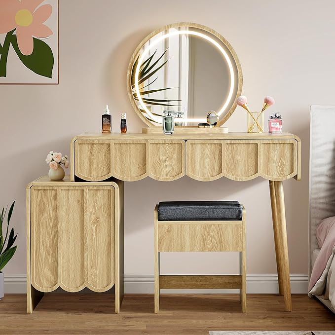 ORRD Vanity Desk with Mirror and Lights, Modern Wood Wave Panel Vanity Desk Set Makeup Table with Drawers and Cabinet, Dressing Table with Storage for Bedroom, Natural